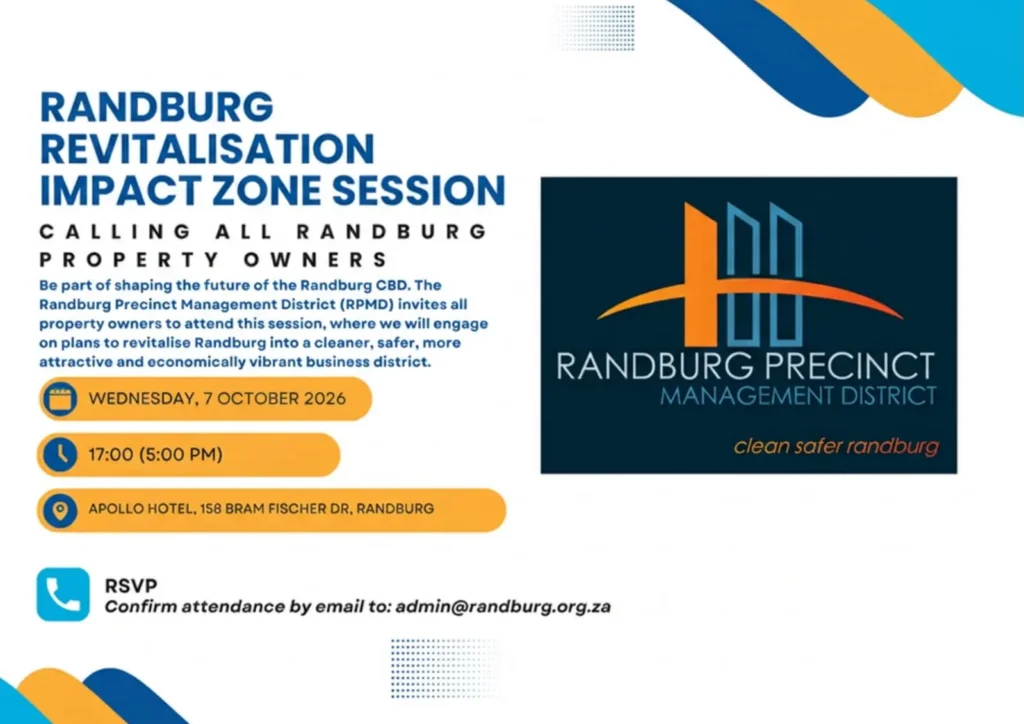 Invitation flyer for the RPMD Randburg Revitalisation Impact Zone Session, 7 October 2026 at Apollo Hotel, Randburg