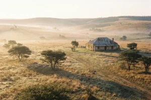 Open farmland with a single farmhouse, similar to the early farms that became Randburg.